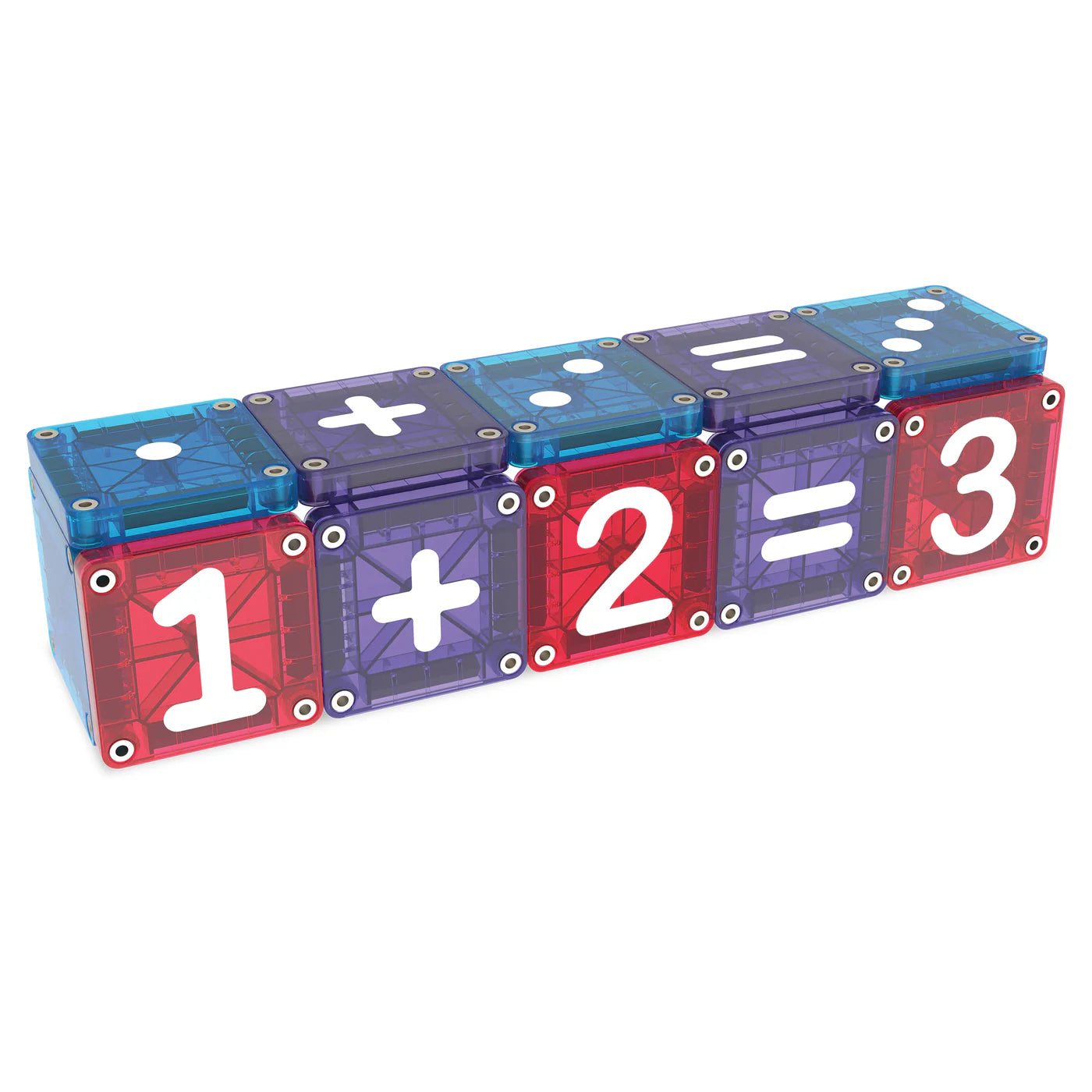 Magna Tiles microMAGS Learn Numbers rekensom 1+2=3 met magnetische tegels in rood blauw paars