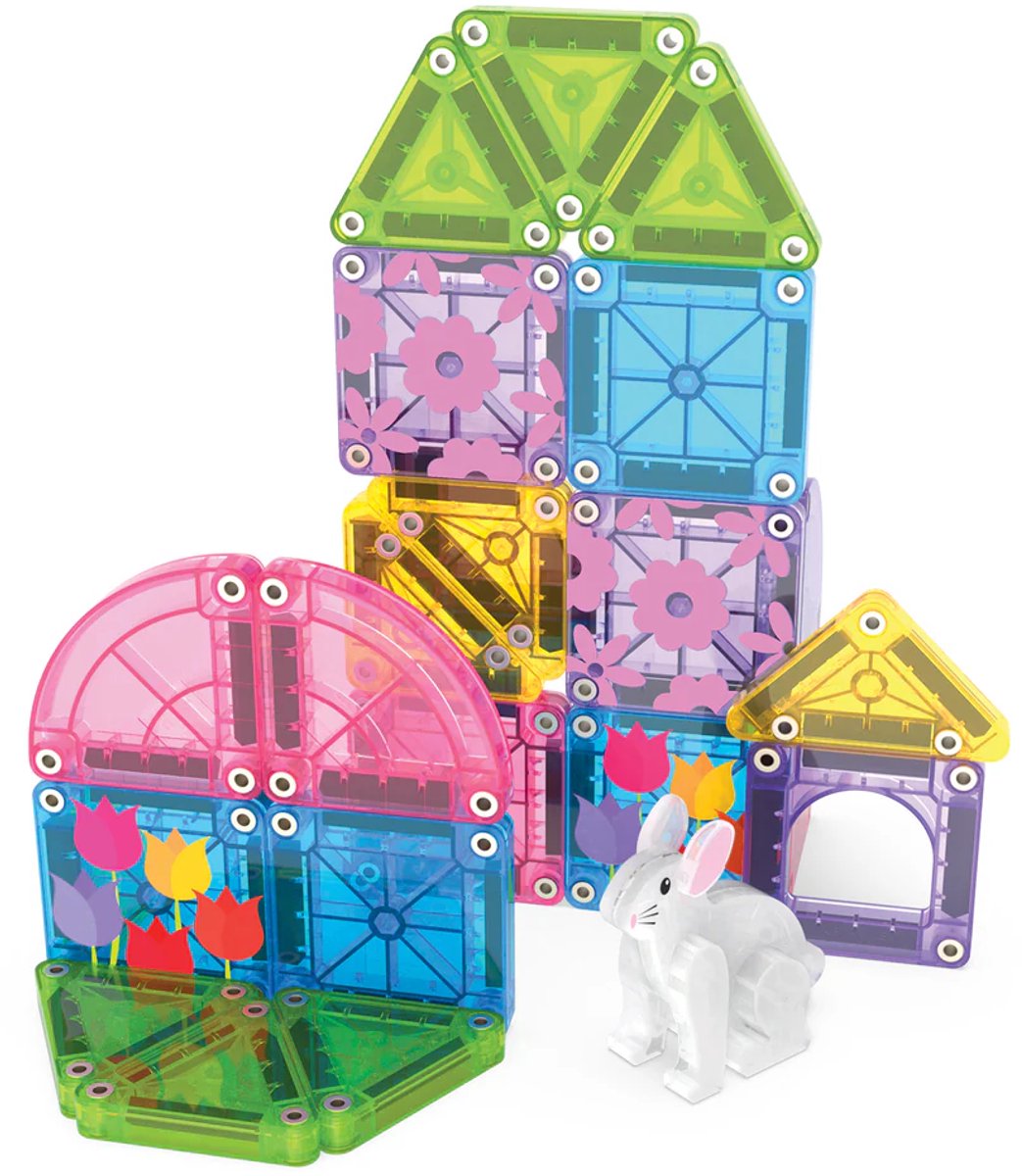 Magnetic Magna tiles MicroMAGS Spring Garden creaties met transparante tegels, tulpen en wit konijn