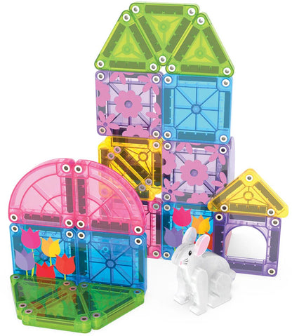 Magnetic Magna tiles MicroMAGS Spring Garden creaties met transparante tegels, tulpen en wit konijn