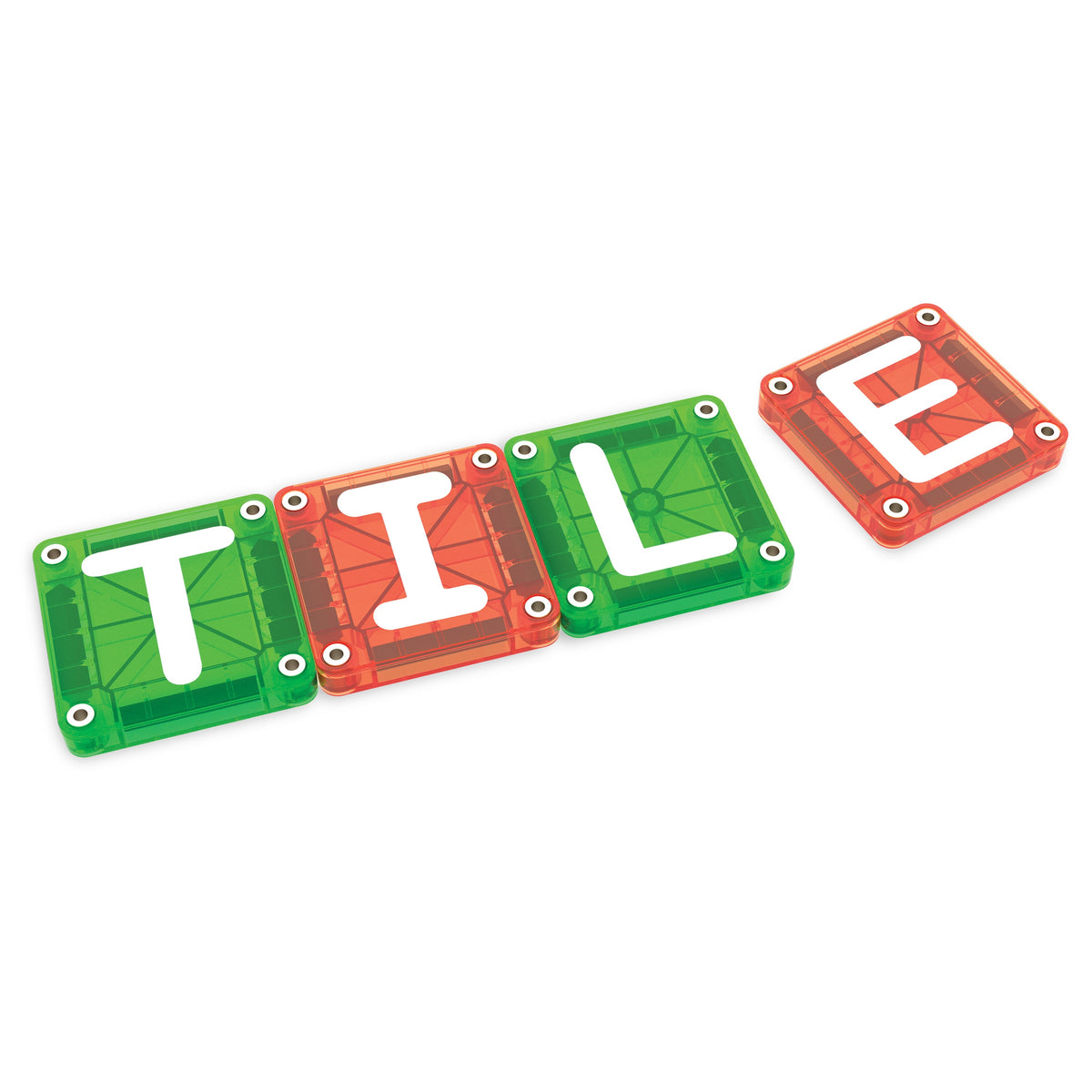 Magna Tiles microMAGS TILE woord bovenaanzicht groen oranje magnetische lettertegels