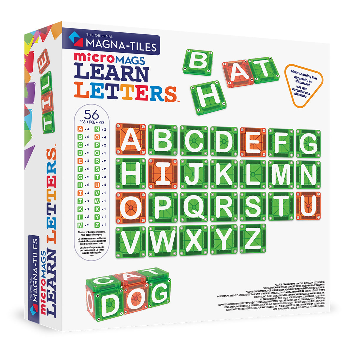 Magna Tiles microMAGS Learn Letters 56 pc zijkant verpakking met alfabet en inhoud