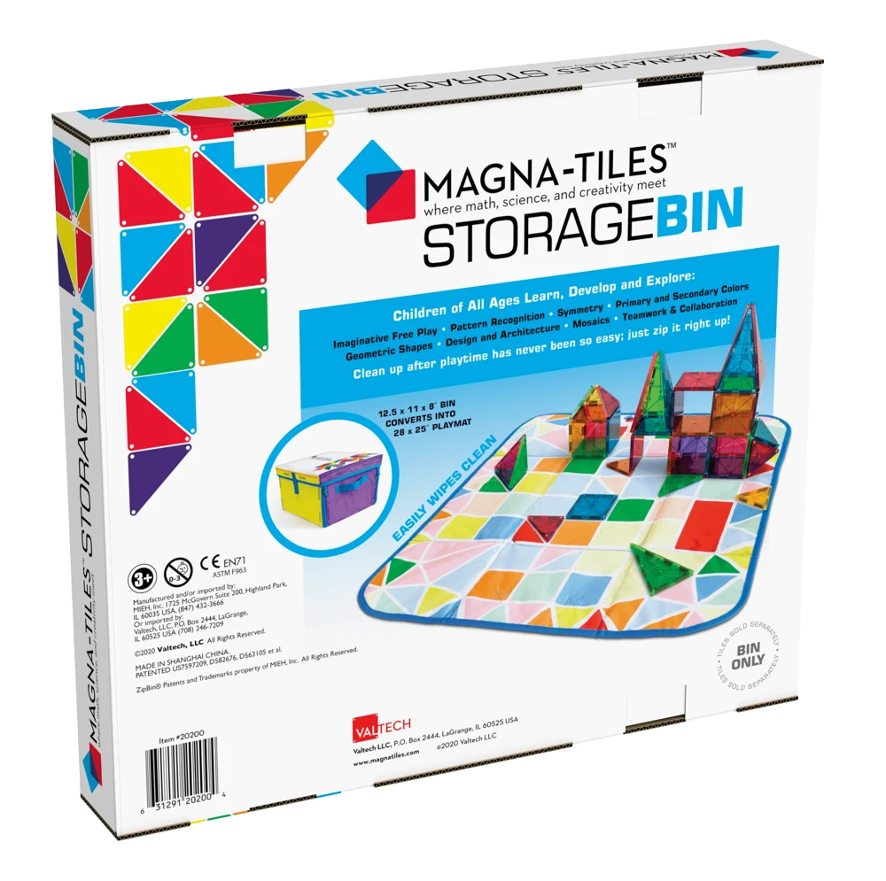 Achterkant van de verpakking van de Magna-Tiles opslagdoos en speelmat, die ook als speelkleed dient voor creatief en georganiseerd spelen.