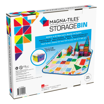 Achterkant van de verpakking van de Magna-Tiles opslagdoos en speelmat, die ook als speelkleed dient voor creatief en georganiseerd spelen.