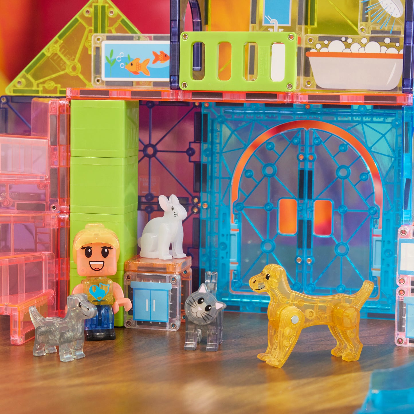 Magnetic magna tiles Pet Playhouse magnetische tegels met konijn, hond, kat en MicroMags poppetje detail
