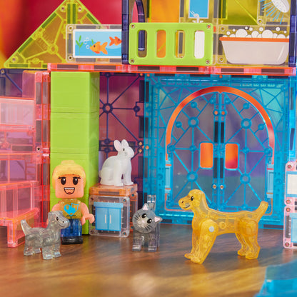 Magnetic magna tiles Pet Playhouse magnetische tegels met konijn, hond, kat en MicroMags poppetje detail