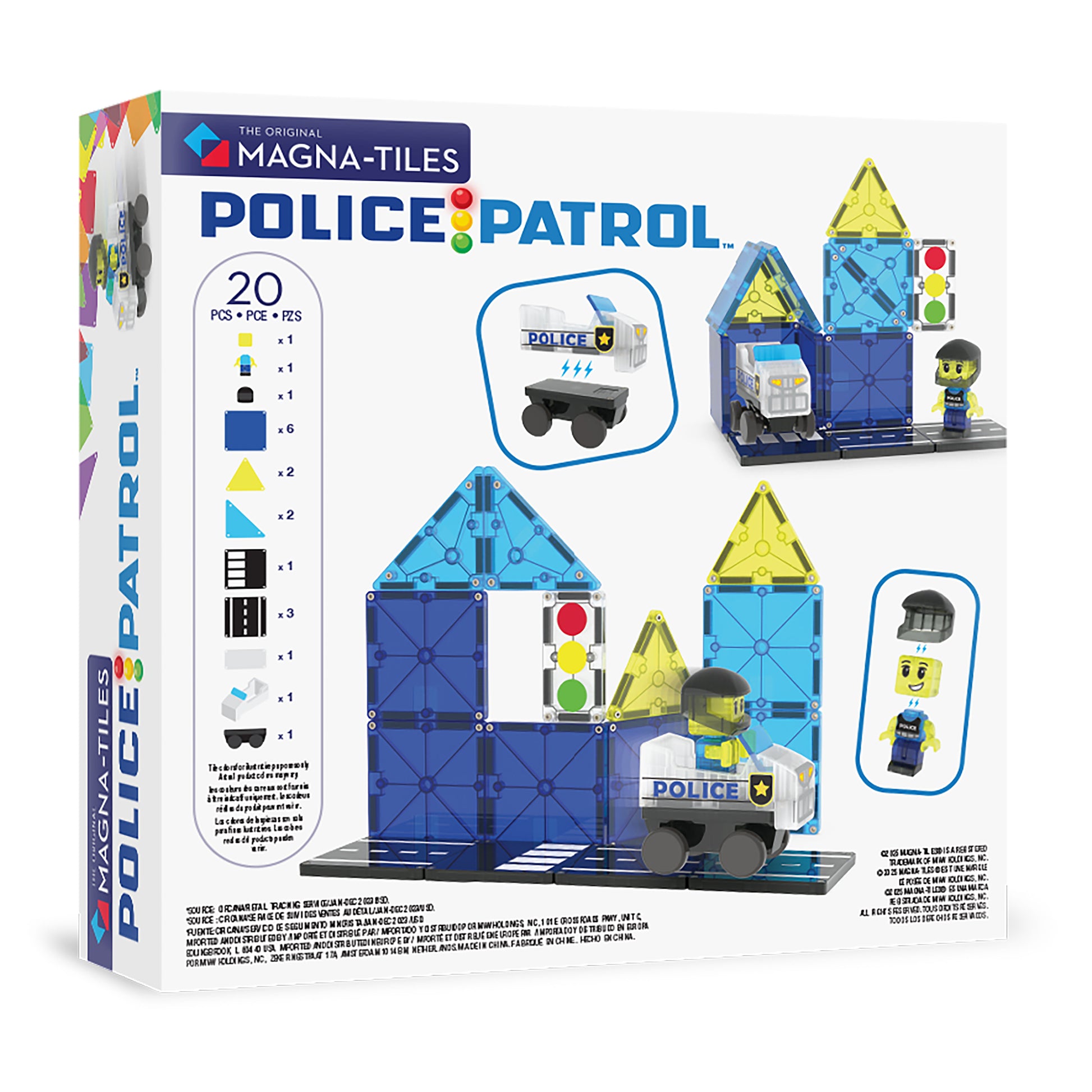 Magnetic magna tiles Police Station achterzijde verpakking met inhoud 20 stuks magnetisch speelgoed