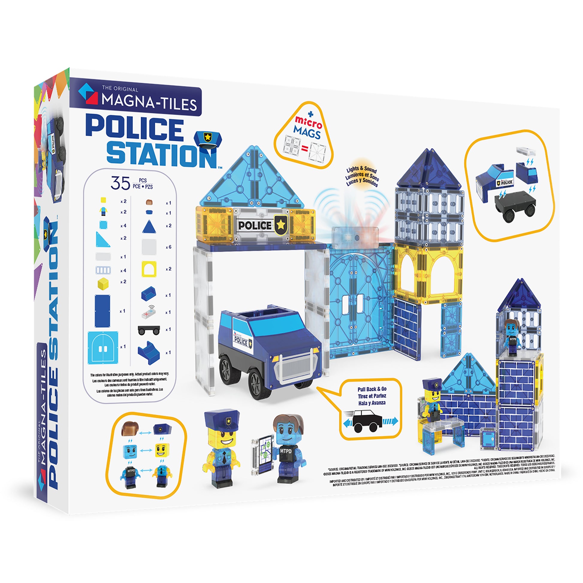 Magnetic magna tiles Police Station achterzijde verpakking met 35 magnetische tegels overzicht