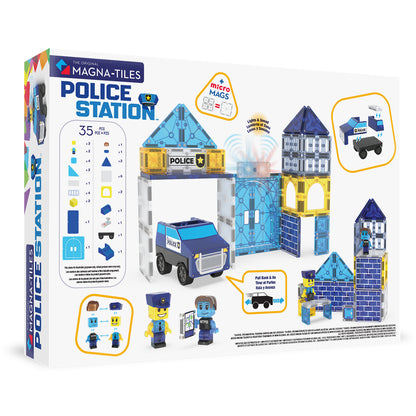 Magnetic magna tiles Police Station achterzijde verpakking met 35 magnetische tegels overzicht