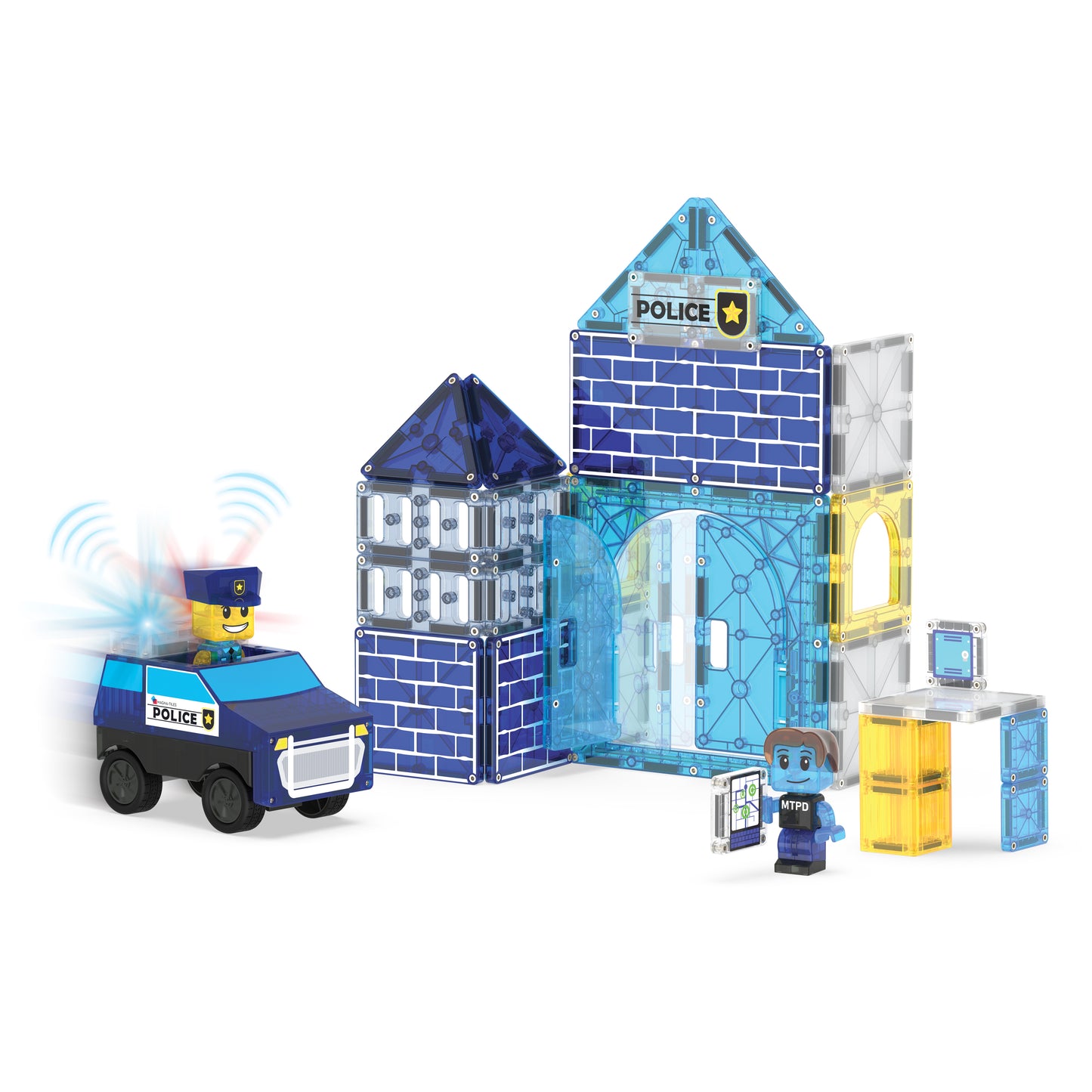 Magnetic magna tiles Police Station complete set met politiebureau, auto en MicroMags poppetjes