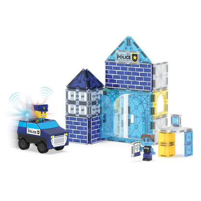 Magnetic magna tiles Police Station complete set met politiebureau, auto en MicroMags poppetjes