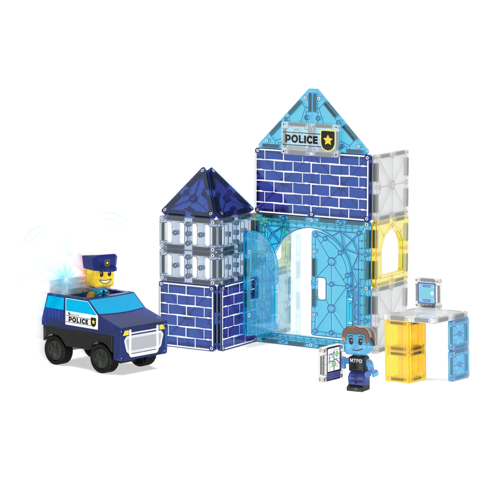 Magnetisch speelgoed met blauwe Police Station bouwset van Magna Tiles en MicroMags, inclusief politievoertuig.
