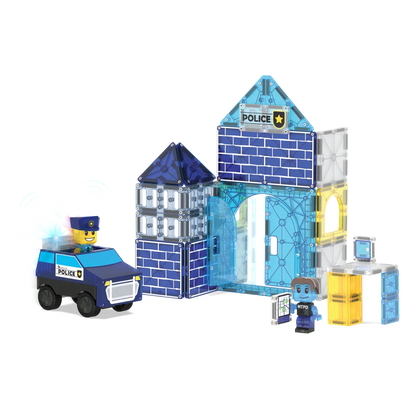Magnetisch speelgoed met blauwe Police Station bouwset van Magna Tiles en MicroMags, inclusief politievoertuig.