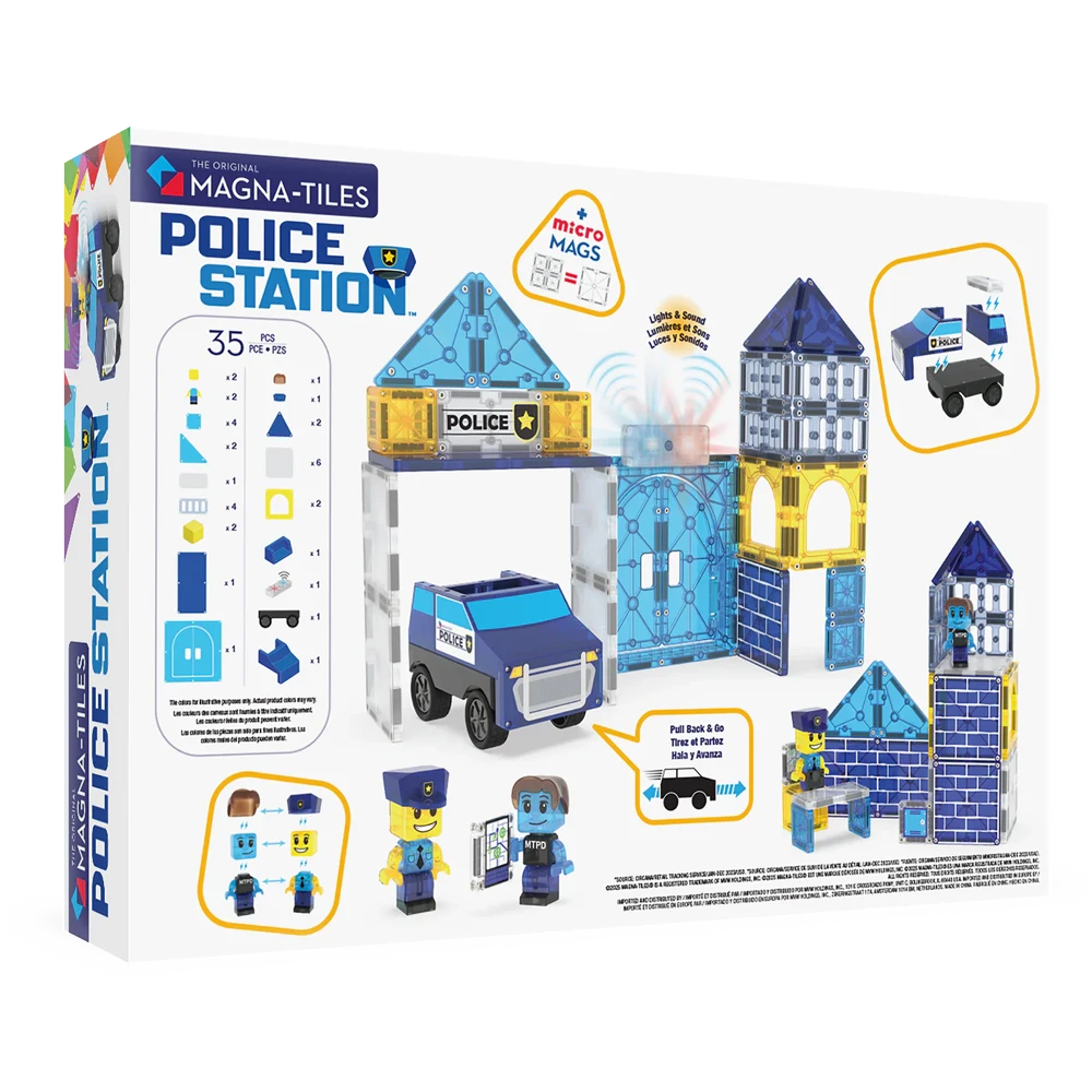 Achterzijde verpakking van de 35-delige Police Station set van Magna Tiles met MicroMags in blauw, geel en transparant.