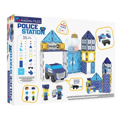 Achterzijde verpakking van de 35-delige Police Station set van Magna Tiles met MicroMags in blauw, geel en transparant.