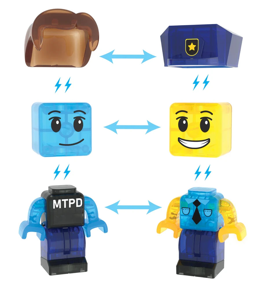 Magnetisch speelgoed met verwisselbare politiefiguren van Magna Tiles en MicroMags met uniform en hoofddeksels.