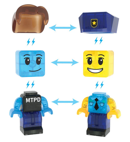 Magnetisch speelgoed met verwisselbare politiefiguren van Magna Tiles en MicroMags met uniform en hoofddeksels.