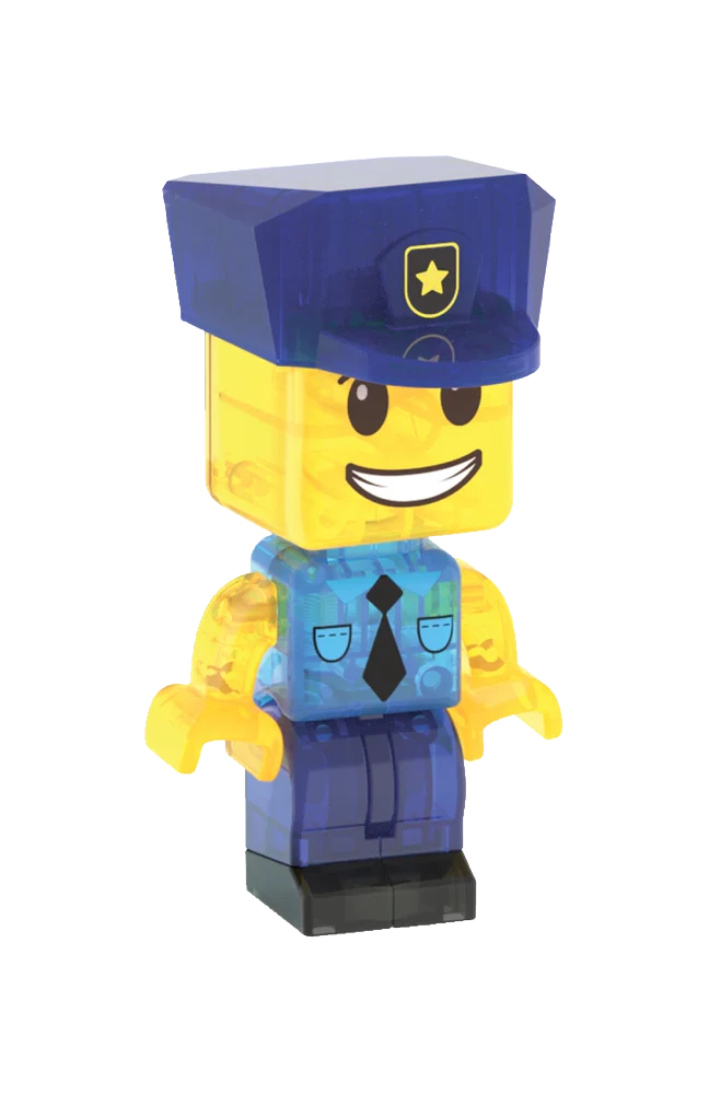 Gele politiefiguur met blauw uniform en politiepet van Magna Tiles MicroMags, magnetisch bouwspeelgoed voor kinderen.