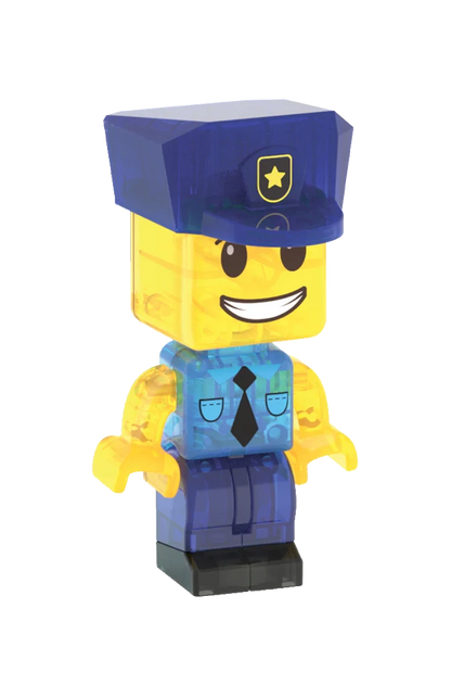 Gele politiefiguur met blauw uniform en politiepet van Magna Tiles MicroMags, magnetisch bouwspeelgoed voor kinderen.