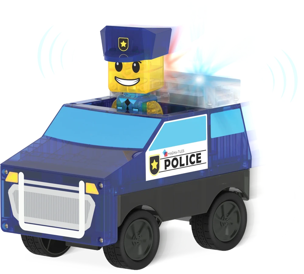 Donkerblauwe politieauto van Magna Tiles met magnetische politieagent en zwaailicht, gemaakt voor fantasierijk spel.