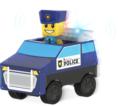 Donkerblauwe politieauto van Magna Tiles met magnetische politieagent en zwaailicht, gemaakt voor fantasierijk spel.