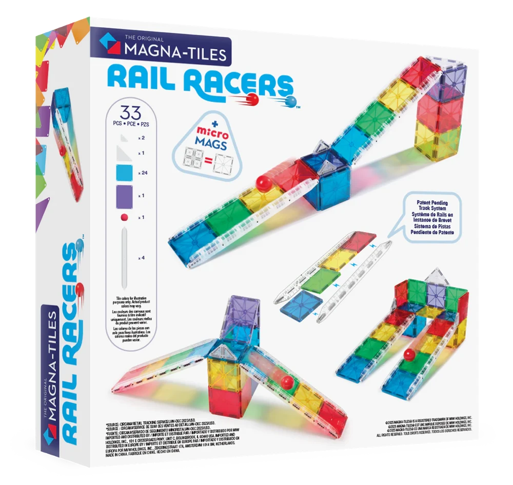 Achterkant verpakking van Magna Tiles Rail Racers met voorbeelden van een magnetische knikkerbaan.