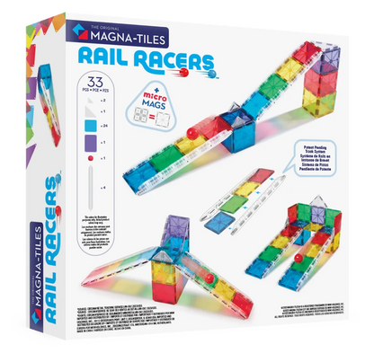 Achterkant verpakking van Magna Tiles Rail Racers met voorbeelden van een magnetische knikkerbaan.
