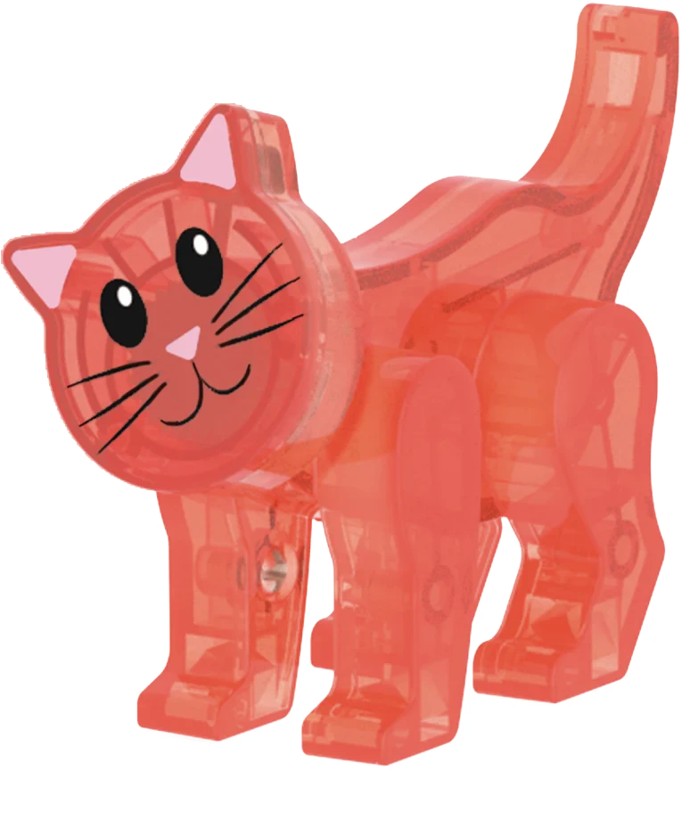 Transparant rood kattenfiguurtje met grote ogen, onderdeel van de Magna Tiles Cat Tree speelset.