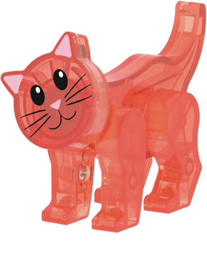 Transparant rood kattenfiguurtje met grote ogen, onderdeel van de Magna Tiles Cat Tree speelset.