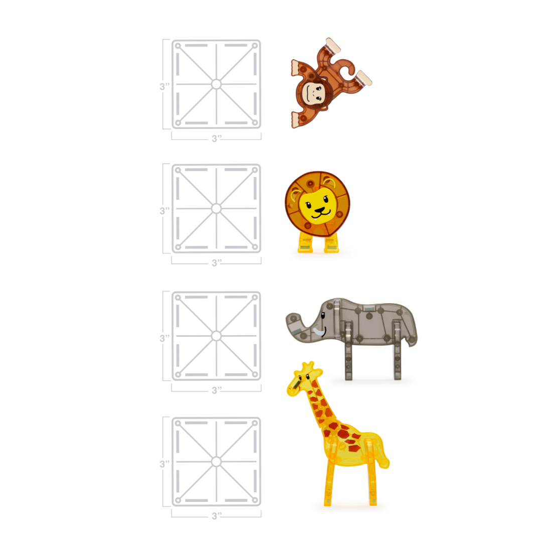Magnetic magna tiles Safari Animals afmetingen overzicht met aap, leeuw, olifant en giraf magneet speelgoed