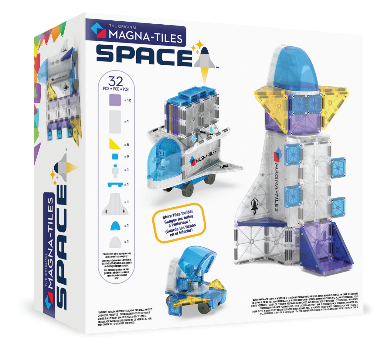 Magnetic magna tiles Space achterzijde verpakking met 32 stuks inhoud en bouwvoorbeelden MicroMags