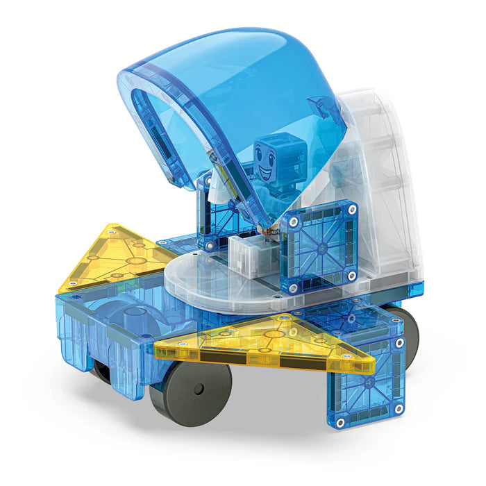Magnetic Magna-Tiles space rover auto in blauw en geel, een magnetisch speelgoed voor kinderen, educatief bouwspeelgoed.