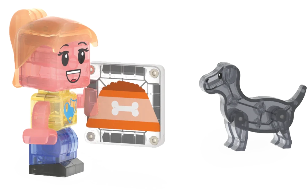 Transparant speelgoedfiguur met hond en hondenvoerplaat uit de Magna Tiles Pet Playhouse set.