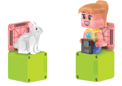 Magnetisch figuur en wit konijn op groene blokjes uit de kleurrijke Magna Tiles Pet Playhouse speelset.