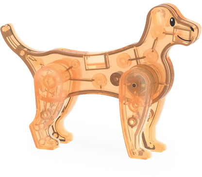 Transparant bruin hondenspeeltje met vrolijke uitdrukking uit de magnetische Magna Tiles Pet Playhouse set.