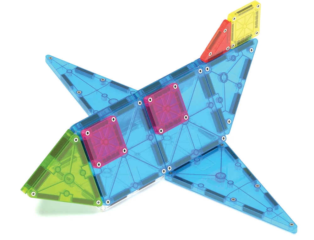 Gekleurd vliegtuig van blauwe Magna Tiles uit de City Center set, creatief magneet speelgoed voor kinderen.