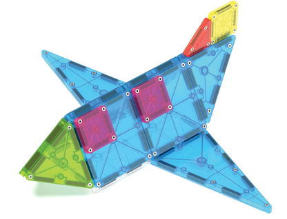 Gekleurd vliegtuig van blauwe Magna Tiles uit de City Center set, creatief magneet speelgoed voor kinderen.