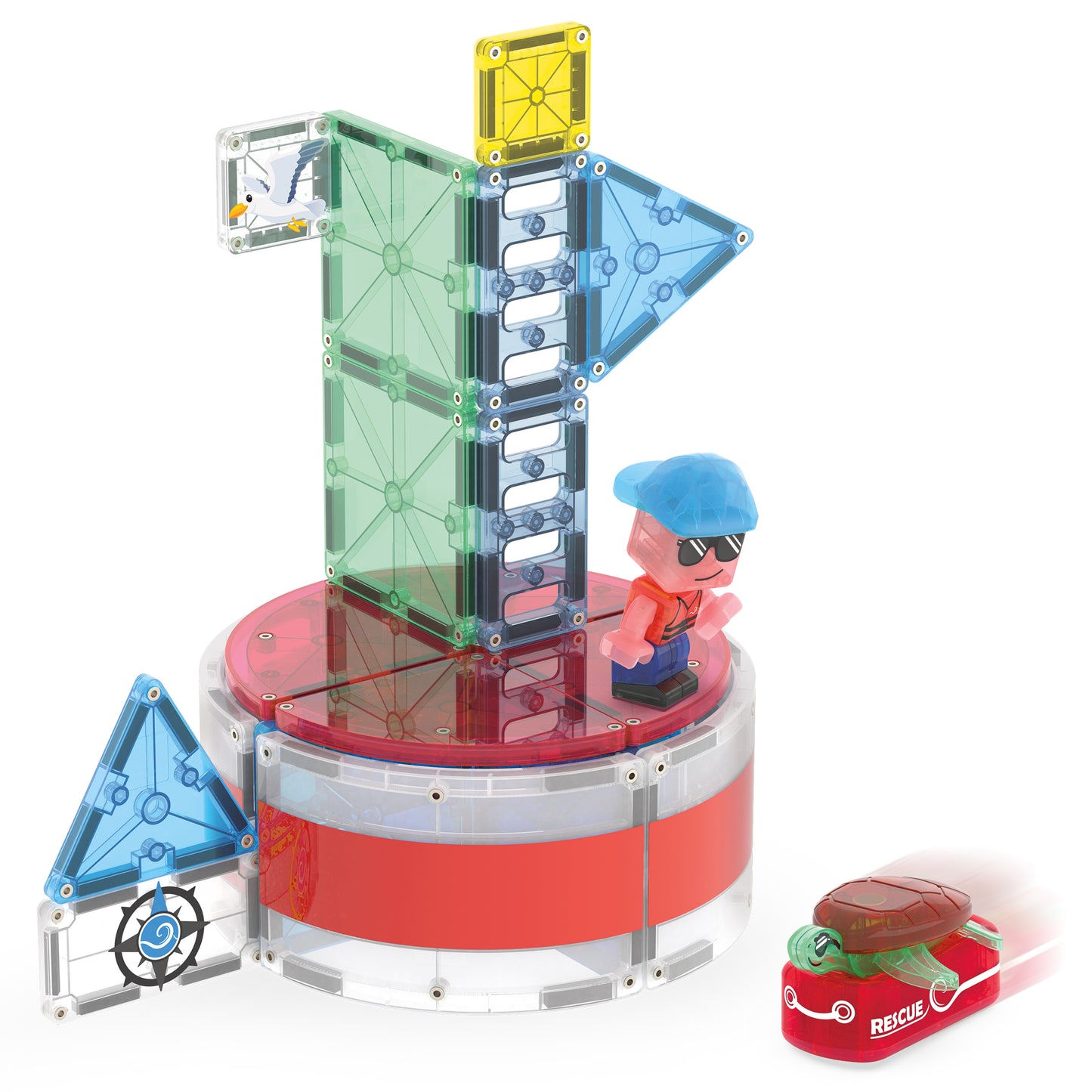 Magnetic magna tiles vuurtoren detail met 13 magnetische onderdelen en MicroMags reddingsboot
