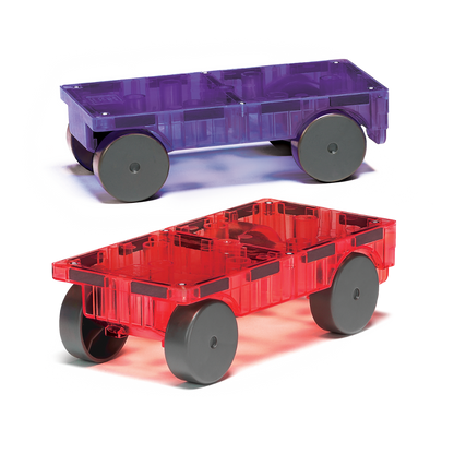 Bovenaanzicht 2 magnetische autos in paars en rood, transparant magneet speelgoed met grijze wielen