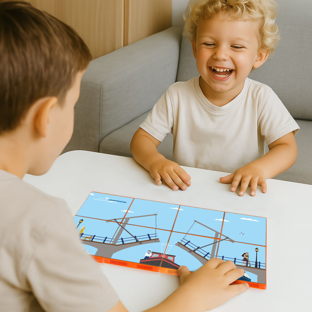 Kinderen spelen met Coblo magneet speelgoed puzzelkaarten Amsterdam thema aan tafel samen
