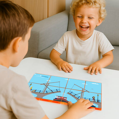 Kinderen spelen met Coblo magneet speelgoed puzzelkaarten Amsterdam thema aan tafel samen