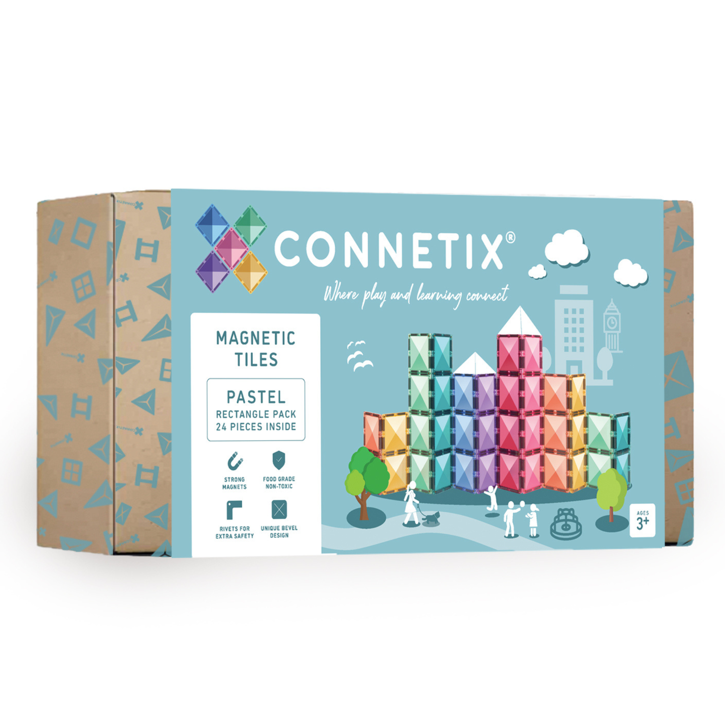 Voorkant verpakking Connetix Pastel Rectangle Pack 24pc magneet speelgoed doos met leeftijd 3+