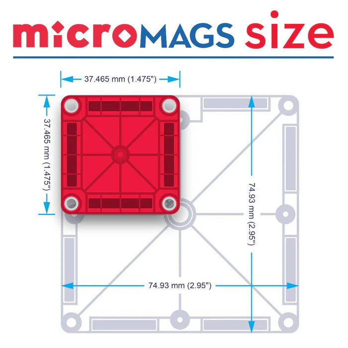 Magnetic magna tiles MicroMAGS afmetingen schema met rode magneet tegel en transparante connectoren details