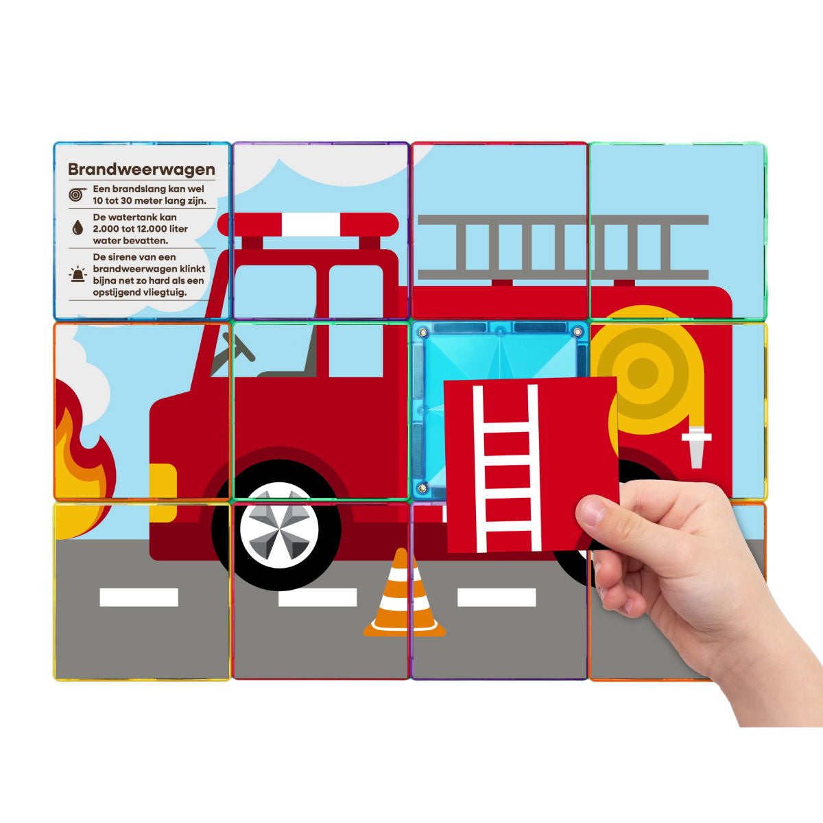 Magneten speelgoed Coblo compleet brandweerwagen puzzel met kinderhand en kleurrijke tegels