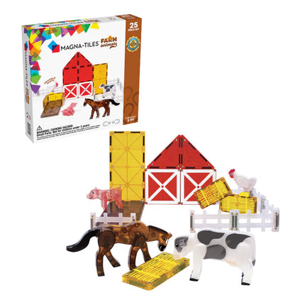 De magnetic Magna Tiles farm animals set met doos en getoond met dieren, een boerderijhuis en hekjes. educatief speelgoed.