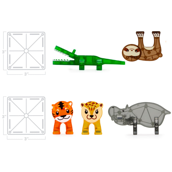 De magnetic Magna Tiles Jungle animals set bevat 25 magnetische bouwstenen, en dieren zoals krokodil, tijger en luiaard.