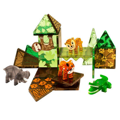 De magnetic Magna Tiles Jungle animals set bevat 25 magnetische bouwstenen in groene en bruine kleuren en met dieren.