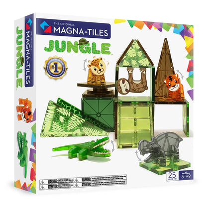 Voorkant doos van magnetic Magna Tiles Jungle animals set en bevat 25 magnetische tegels inclusief dieren. vanaf 3 jaar.