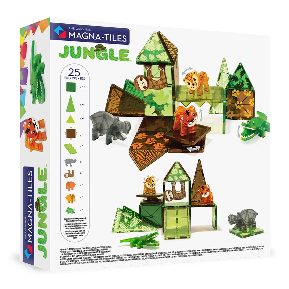 Achterkant doos van de Magnetic Magna Jungle animals set en bevat 25 gekleurde magnetische bouwstenen met diverse dieren.