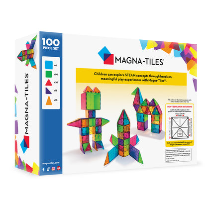 Magnetic magna tiles 100 stuks achterkant verpakking met STEAM speelgoed informatie