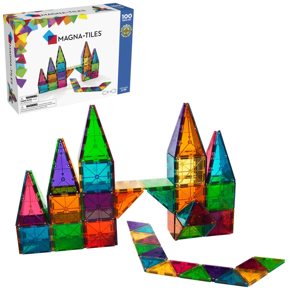 Classic 100-delige set Magnetic Magna Tiles met transparante bouwstenen in felle kleuren, ideaal magnetisch speelgoed voor jonge kinderen.